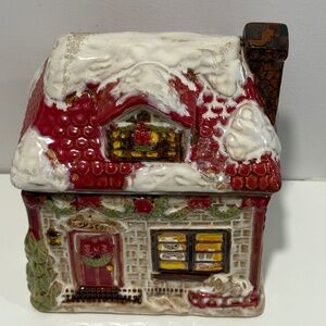 Vintage “Toy Store” Village Ceramic Canister With Lid 6x4x7”